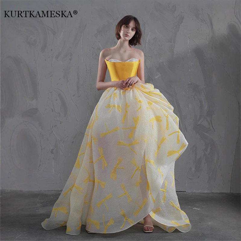 우아한 노란색 새틴 탑 미인 대회 웨딩 게스트 드레스  - Embroidery Yellow Dress 리뷰 및 가격
